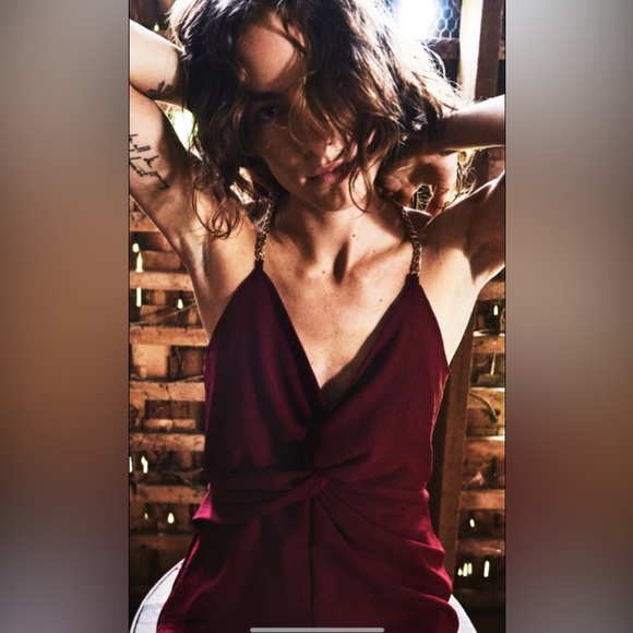 Zara Chain Strap Knotted Jumpsuit in Burgundy Size Medium - Picture 2 of 8